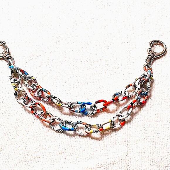 Art Deco Bag Chain 8" White Colorful Enameled Metal Rainbow Artsy Fairygoth Fun - Picture 3 of 9